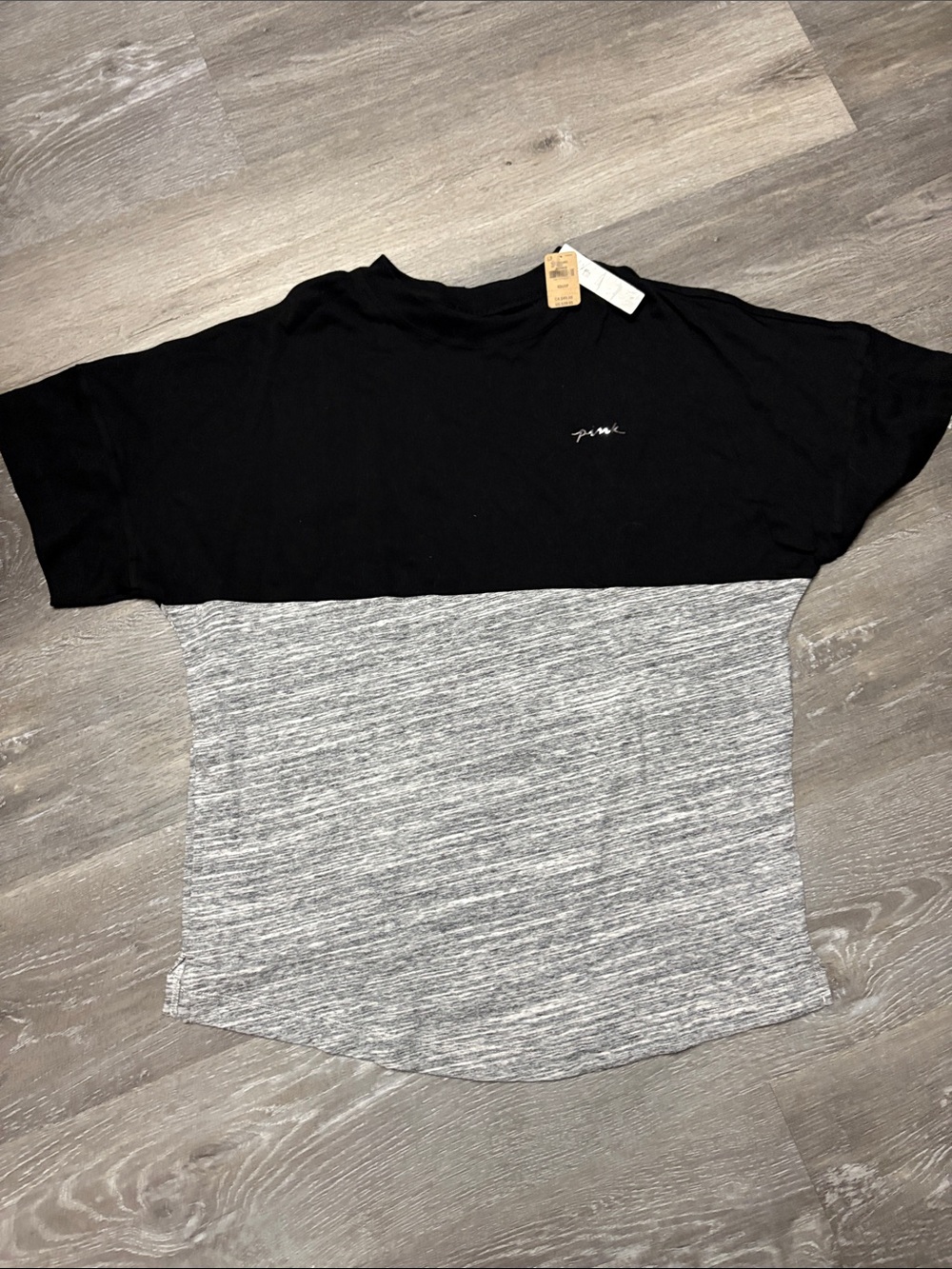 PINK Victoria's Secret Black and Heather Gray Shine Colorblock Short Sleeve Tee
